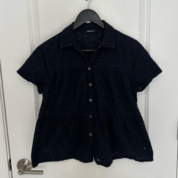 Madewell Eyelet Seamed Button-Down Shirt in Deep Navy - Picture 7 of 9